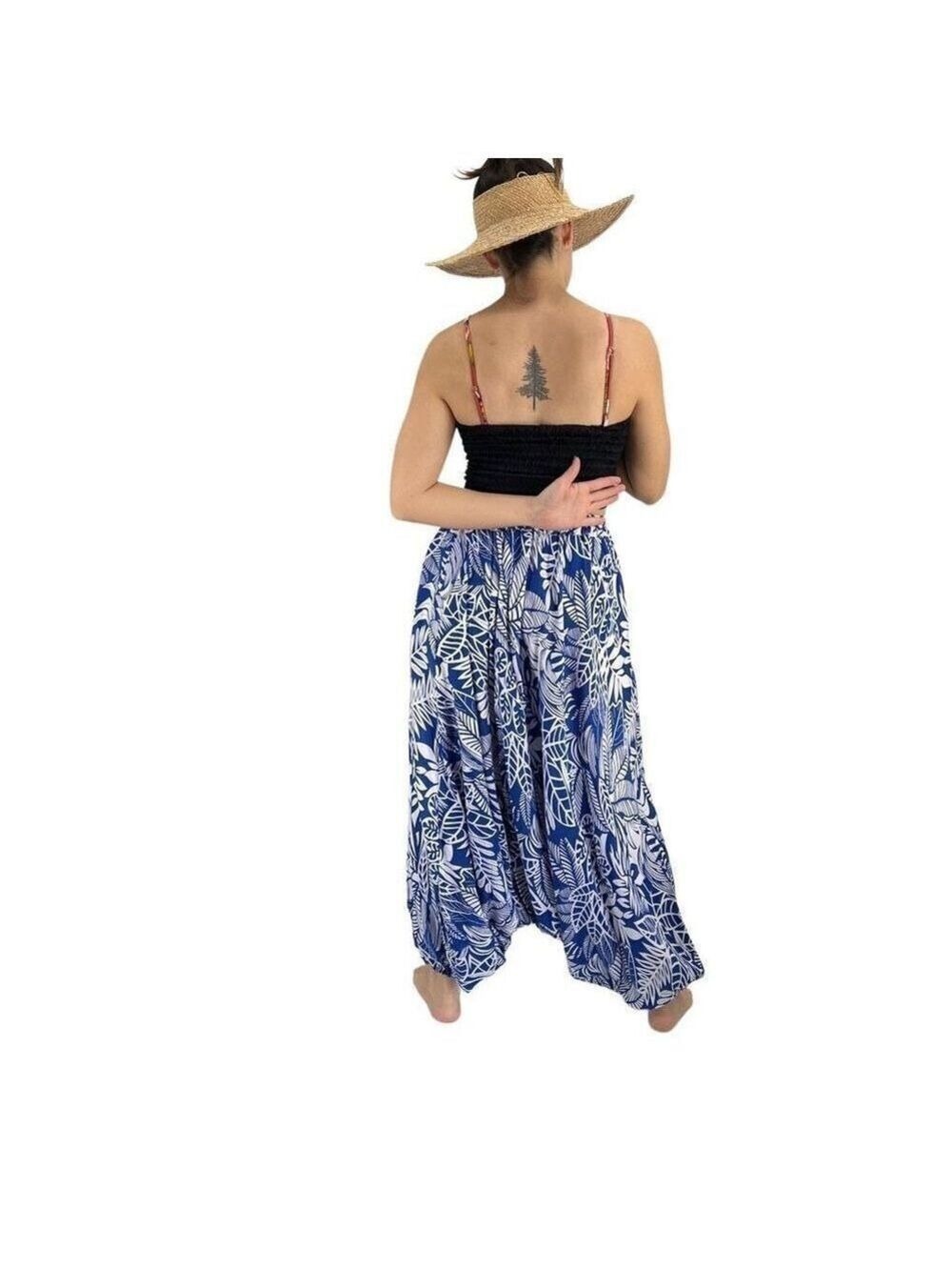 Apau ~ Gender Fluid Aladdin Gypsy Pants Blue White Tropical Floral Leaf Design